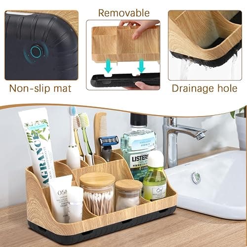 GFWARE Bathroom Organizers and Storage - Detachable 7 Slots Kids Electric Toothbrush and Toothpaste Holde Drainage for Bathroom Accessories Organization Counter Vanity Storage, Wood - Wood thumbnail 5
