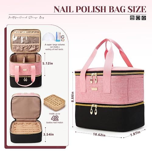 BAGMIND Nail Polish Organizer, Double Layer Nail Organizer and Storage Box Holds 42 Bottles & Nail Tech Kit Supplies, Large Capacity Nail Polish Organizer Case Carrying Bag thumbnail 4