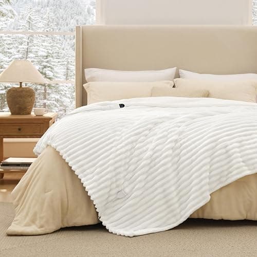 Bedsure Electric Blanket Twin - Thick Striped Flannel Electric Blanket, Heating with 10 Time Settings, 6 Heat Settings, and 8-Hour Timer Auto Shut Off, Gift for Grandma (62x84 inches, White) thumbnail 2
