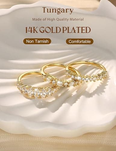 Tungary 14K Gold Plated Stackable Rings for Women Non Tarnish - Dainty Wedding Bands Gold Ring Stack Set Trendy Minimalist Cubic Zirconia Statement Engagement Promise Thumb Stacking Rings Size 5-10 thumbnail 3