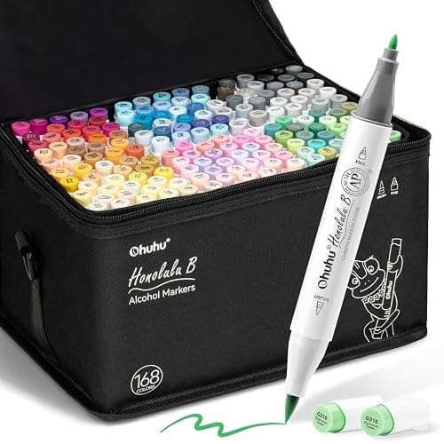 Ohuhu Alcohol Markers Brush Tip: Brush & Fine 168-Color Double Tipped Alcohol-based Art Marker Set for Artist Adults Coloring Illustrations -Honolulu B - Image 1