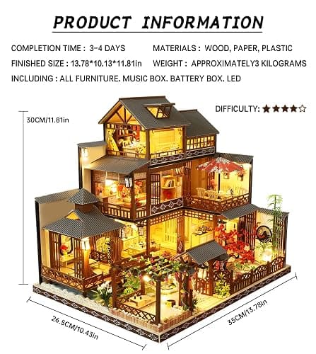 Spilay Dollhouse DIY Miniature Wooden Furniture Kit,Mini Handmade Big Castle Model,1:24 Scale Creative Doll House Toys for Adult Gift (Romantic European Villa with Dust Cover Music Box) - Romantic European Villa With Dust Cover Music Box thumbnail 4