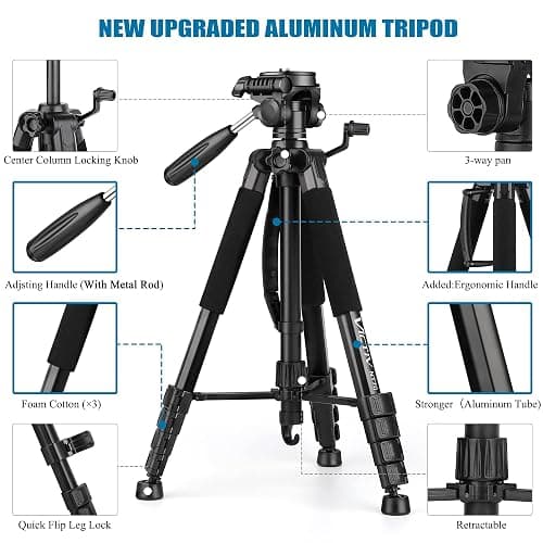 VICTIV 74” Camera Tripod, Tripod for Camera and Phone, Aluminum Professional Tripod Stand for Canon Nikon with Carry Bag and Phone Holder, Compatible with DSLR, iPhone, Spotting Scopes, Max Load 9.5Lb thumbnail 6