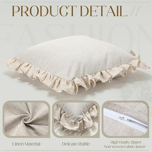 Fiwochic Set of 2 Cream White Ruffle Throw Pillows with Inserts Decorative Linen Zippered Pillows 18 x 18 Inch Include Detachable Pillowcase and Non Woven Fabric Inserts for Cushion Bed Couch Sofa thumbnail 4