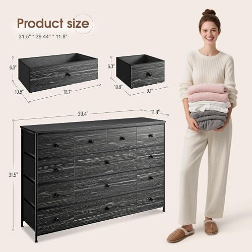 Black Dresser TV Stand with 13 Fabric Dresser 45 Inch TV Stand for Bedroom Chests of Drawers for Bedroom, Entryway, Wood Top and Sturdy Frame thumbnail 3