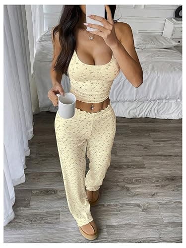 SHENHE Women's 2 Piece Pajama Set Sleeveless Crop Cami Top and Pants Y2k Floral Pjs Loungewear thumbnail 5