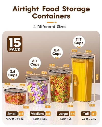 KEMETHY 15 Pack Airtight Food Storage Containers with Lids, Kitchen Pantry Organizers and Storage, BPA-Free Plastic Food Canisters for Cereal, Flour, Sugar, Pasta, Dry Food, Include Labels & Marker thumbnail 2
