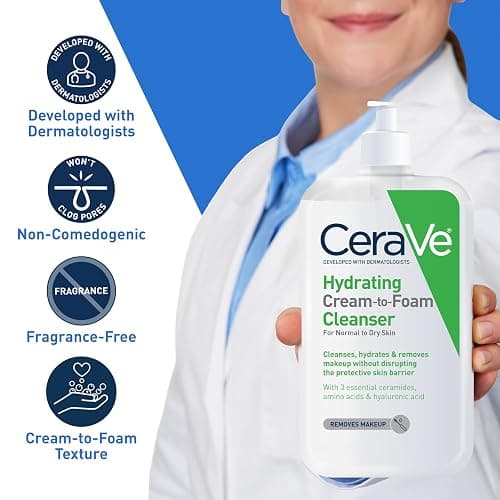 CeraVe Hydrating Cream To Foam Cleanser, Makeup Remover Face Wash For Dry Skin, Foaming Facial Cleanser With Hyaluronic Acid, Normal To Dry Skin, Fragrance Free & Non Comedogenic, 19 Fluid Ounce thumbnail 4