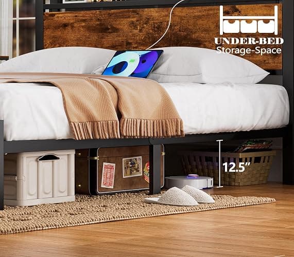 Furnulem Full Bed Frame with LED Lights,Industrial Storage Headboard with Charging Station,USB Port,Under Bed Storage,Wood Platform with Strong Metal Support,No Box Spring Needed, Silent thumbnail 6
