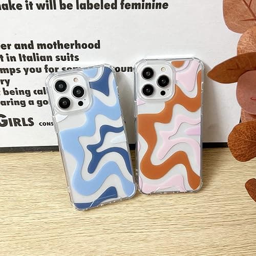 Sayoaho Compatible with iPhone 15 Phone Case, Cute Art Wavy Painted for Women Girls, Soft TPU Edge PC Back Protective Shockproof Compatible with iPhone 15 (Blue) thumbnail 2