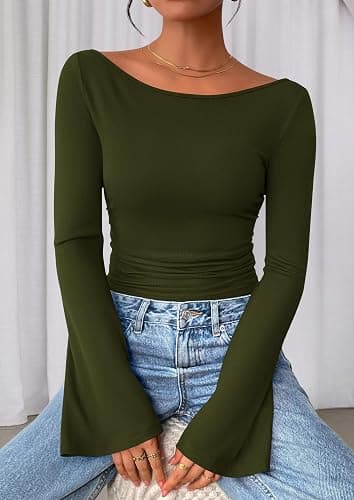 PRETTYGARDEN Women's Long Sleeve Shirts 2025 Fall Crop Going Out Tops Casual Boat Neck Bell Sleeve Ribbed Ruched Y2K Clothes thumbnail 5