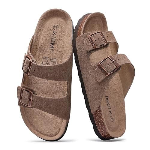 KIDMI Women's Genuine Suede Sandals Cork Footbed Summer Adjustable Slide Sandals - 8-8.5 - Mocha - Image 1