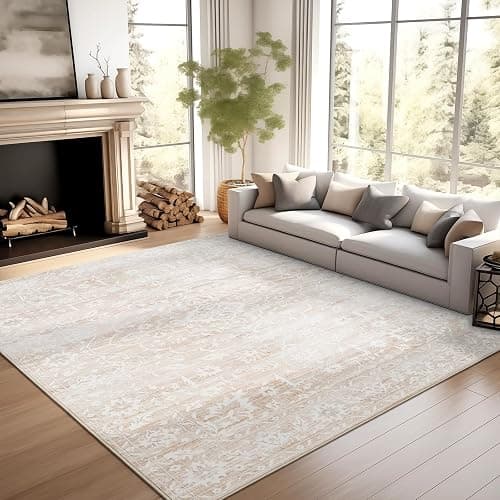 Soalmost 5x7 Area Rugs for Living Room, Beige Floral Washable Rugs for Dining Room, Bedroom, Home Office, Vintage Non-Slip Thin Rug thumbnail 2