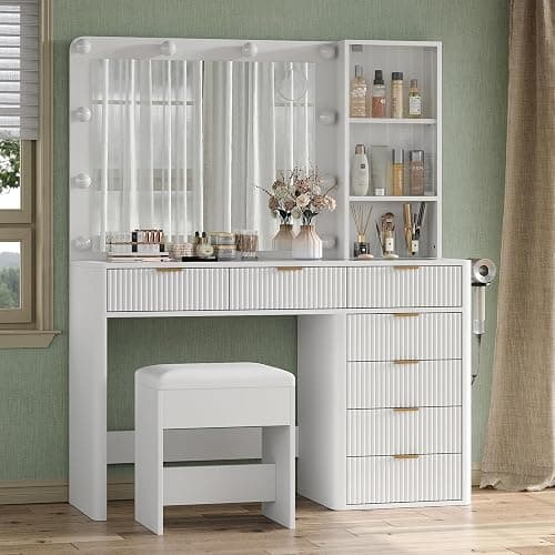 Yanosaku 47" Fluted Vanity Desk with Mirror & LED Lights, 7-Drawer Makeup Vanity with Glass Top & Cabinet, Vanity with Chair & Charging Station, 3 Lighting Modes, for Bedroom, White thumbnail 4