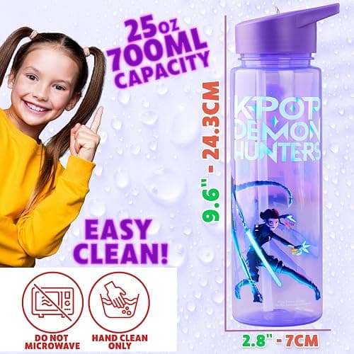 KPop Demon Hunters Water Bottle for Girls 25oz/700ml, Huntrix BPA Free Plastic Water Bottle with Straw, Rumi Zoey Mira Kpop Merchandise Gifts thumbnail 2