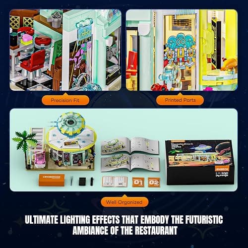 Lumibricks Interstellar-Diner Lighting-Building-Bricks City Set - 2188 Pcs Road UFO Drive-in Restaurant Modular Collection LED Light Space Car Restaurant Set for Adults and Travelling Enthusiasts thumbnail 6