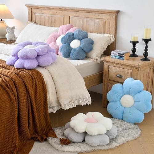Flower Shaped Pillow, Cute Decorative Throw Pillow with Soft Artificial Rabbit Fur for Couch Bed Chair Floor, Flower Pillows Seating Cushions with Room Décor for Bedroom Living Room (14.9" Lavender) thumbnail 4
