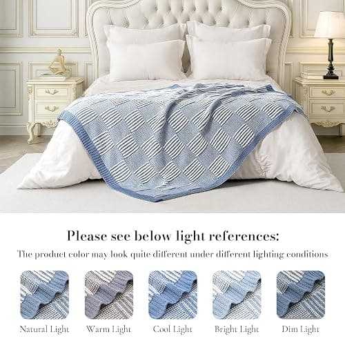 Amélie Home Checkered Knit Throw Blanket for Couch, Chenille Texture Decorative Soft Blanket for Sofa & Chair, 50"x60", Blue & White thumbnail 5