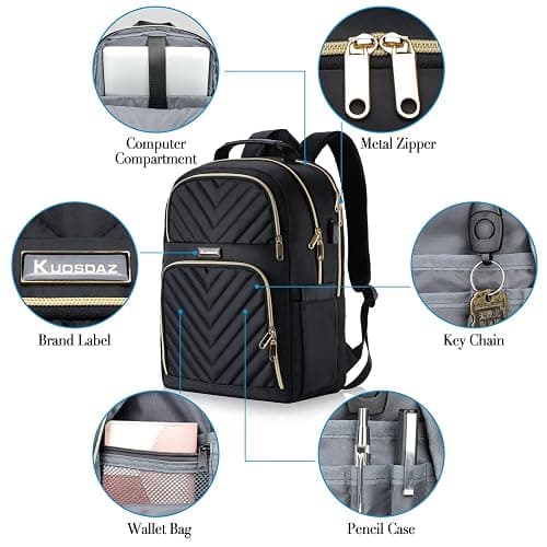Kuosdaz Backpack Women, 15.6 Inch School Backpack Girls Teenager with USB Charging Port, Laptop Backpack Stylish Daypack Waterproof for School, Uni, Travel, Work thumbnail 6