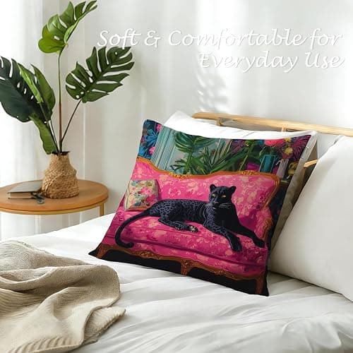 WDSFHYJK Vintage Black Panther Cheetah Pillow Cover 18x18 Double-Sided, Cheetah Room Decor, Maximalist Hot Pink Sofa Tropical Jungle Leopard Decorative Throw Pillow Cover Pillowcases for Home Bedroom thumbnail 5