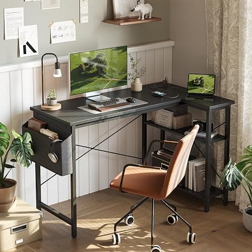 TIQLAB Small L Shaped Desk with Power Outlets - 40 inch Gaming Corner Computer Desk Writing Table, Reversible Large Storage Shelves, Bookshelf Workstation for Study Play Work Home Office, Black thumbnail 9