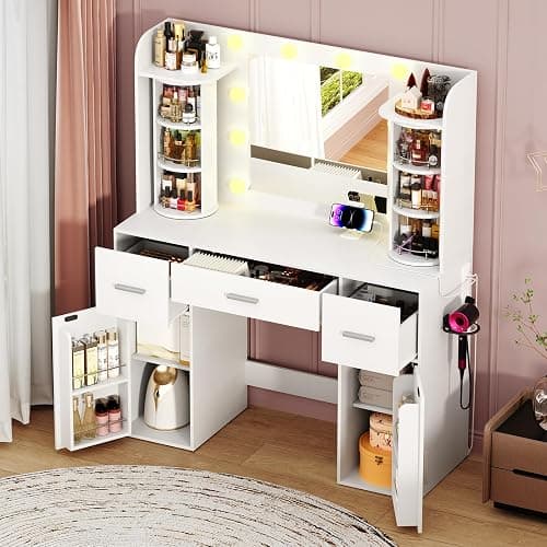 EasyCom Vanity Desk with Rotating Jewelry Organizers, Makeup Vanity with Mirror and Lights, Dressing Table with USB-C Charging Station, 3 Drawers and 2 Cabinets for Bedroom, Dressing Room, White thumbnail 8