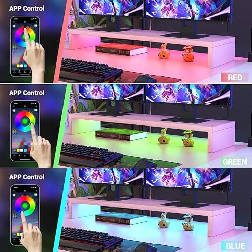 Armocity Computer Desk with LED Lights, 55 Inch Desk with Power Outlet and USB, Reversible Large Desk with Moveable Monitor Stand, 55.2'' Gaming PC Table for Home Office, Workstation, Pink and White thumbnail 10
