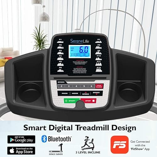 SereneLife Electric Folding Treadmill Exercise Machine - Smart Compact Digital Fitness Treadmill Workout Trainer w/Bluetooth App Sync, Manual Incline Adjustment, for Walking, Running, Gym thumbnail 4