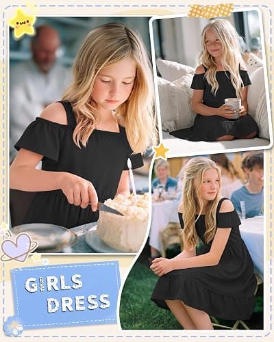 Xaatren Girls Summer Dresses 5-14Y | Party Birthday Princess Formal Dress, Cute Cold Shoulder Ruffle Hem Sundress, Dresses for Teens, Soft Trendy Vacation Clothes thumbnail 3