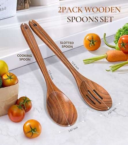 2Pcs Wooden Spoons for Cooking, Natural Premium Teak Wooden Spoon & Slotted Spoon, Good Grip Large Cooking Spoons Spatula, Heat Resistant Wooden Kitchen Cooking Utensils Set for Nonstick Cookware thumbnail 3