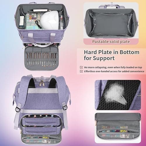 Nail Polish Organizer Case Backpack Holds 70 Bottles (15ml/0.5fl.oz) & Nail Lamp, 2 Layers Detachable Nail Kit Storage Case, Large Travel Nail Supplies Shoulder Bag for Manicure Tools (Purple) thumbnail 4