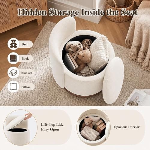 smartue Ottoman with Storage, Round Vanity Stool with Back | 22L Hidden Seat, 360° Swivel, Reversible Lid, No Wheels, Upholstered Makeup Footstool for Bedroom thumbnail 5