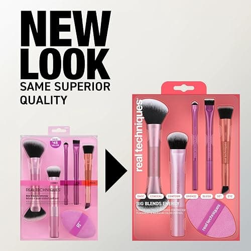 Real Techniques Big Blends Energy Brush + Dual-Sided Puff Kit, 6-Piece Set | Makeup brushes set with dual-sided puff kit, 2-in-1 powder puff, ultra-soft synthetic bristles for makeup blending thumbnail 9
