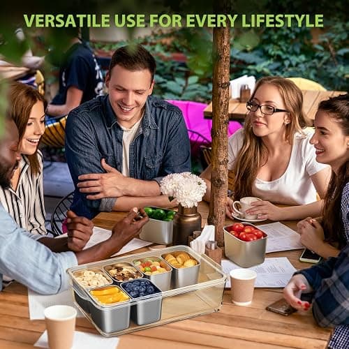 Snackle Box Container, Stainless Steel Divided Serving Tray with Lid and Handle, 8 Compartment Portable Snack Platters - Clear Storage Organizer for Fruit Candy Nuts Veggie - Perfect for Travel Party thumbnail 2