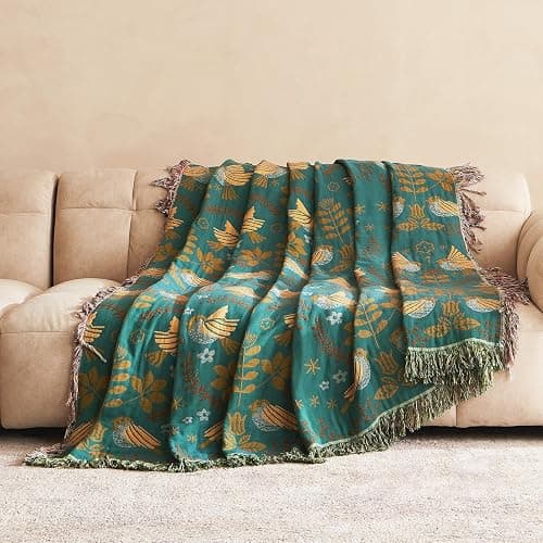 Boho Throw Blanket for Bed 100% Cotton Ultra Soft Rustic Quilt Queen Blanket Bird Floral Printed Farmhouse Decor Large Fall Bed Blankets,90"×98" All Season Rustic Throw for Sofa Couch Chair thumbnail 2