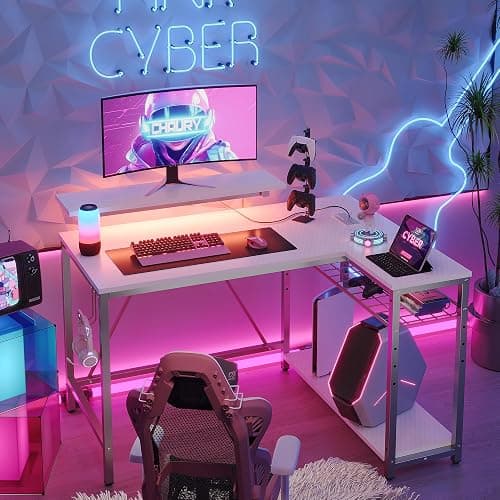 Bestier White Computer Desk with Charging Port & LED Strip,42 inch Modern Gaming Desk with Reversible Storage Shelves,Small L Shaped Desk with Hooks for Home Office - 42 Inch - White Carbon Fiber thumbnail 4