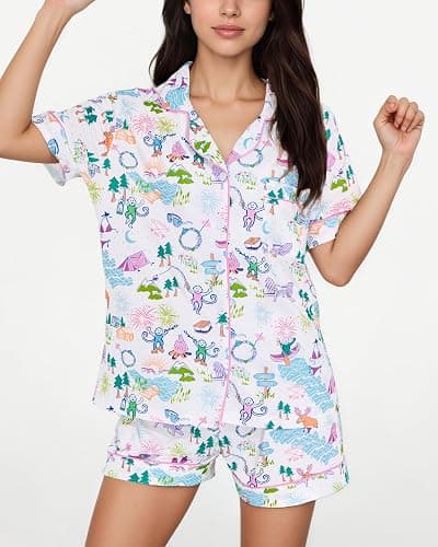 Zuafy Women's Pajamas Set Button Down Ladies Summer Pajamas Monkey Printed Sleepwear Short Sleeve 2 Pc Pjs for Birthday Gift thumbnail 2