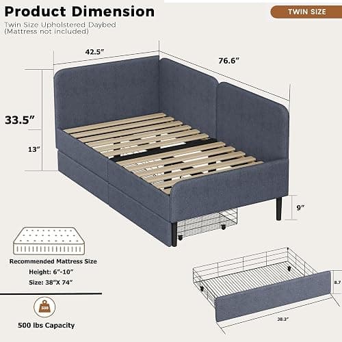 Ailisite Twin Size Corner Bed Frame with 2 Storage Drawers, Twin Size Daybed with Extended Headboard, Upholstered 2-in-One Multifuntion Bed Frame with Guardrails,Modern Bed Frame,Light Grey thumbnail 3
