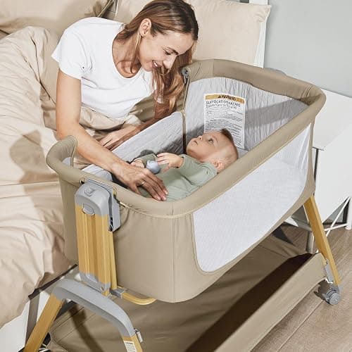 Jimglo 3 in 1 Baby Bassinet, Rocking Bassinets with Comfy Mattress and Wheels, Adjustable Height Bassinet Bedside Sleeper, Easy Folding Portable Crib for Newborn (Khaki) thumbnail 2