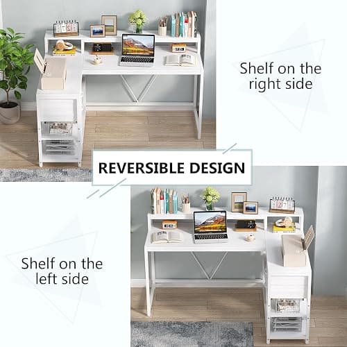 Tribesigns 55-inches Reversible L Shaped Desk with Drawer, Modern White L Corner Desk Home Office Table with Storage Shelves and Monitor Stand, Wooden and Metal PC Desk for Small Space thumbnail 4