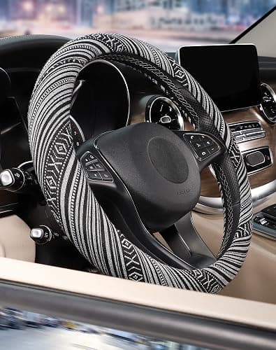 SEG Direct Boho Steering Wheel Cover with Baja Blanket Cloth, Ethnic Style Auto Wheel Cover Made of Coarse Flax, Fits 14 1/2-15 1/4 inches Car Wheel thumbnail 5