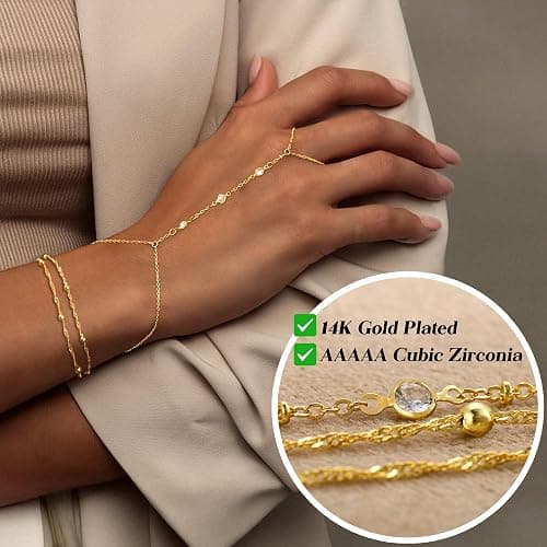 Gold Bracelets for Women, 14k Gold Plated Hand Chain Bracelet, 2 Pcs Ring Bracelets for Women Trendy Dainty Cubic Zirconia Bracelet Ring Bracelet Hand Jewelry Adjustable 6.3'+2' thumbnail 6