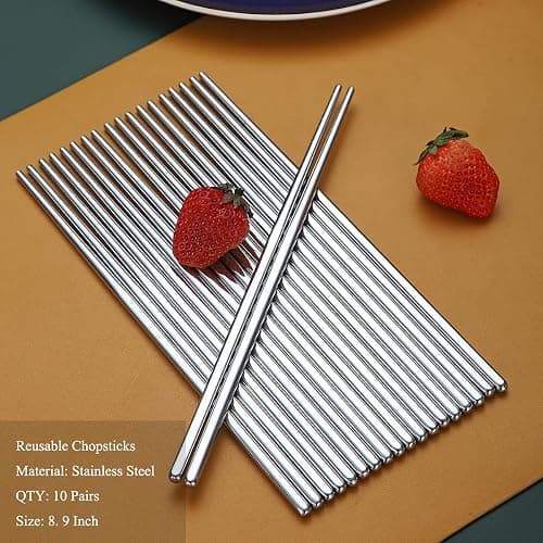 10 Pairs Reusable Chopsticks, Stainless Steel Metal Chop Sticks, Japanese Chinese Korean Chopstick Dishwasher Safe, 8.9 Inch (Silver / Chop sticks) thumbnail 2