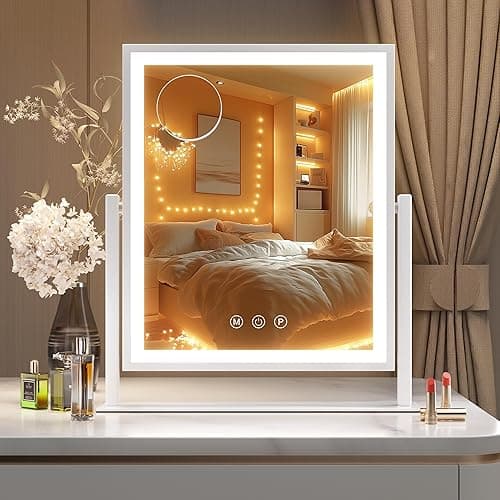 Hasipu Vanity Mirror with Lights, 12" x 14" LED Makeup Mirror, Light up Mirror with 10X Magnification and Phone Holder, USB Charging Port, Smart Touch 3 Colors Dimmable, 360° Rotation (White) - 12"L x 14"W thumbnail 8