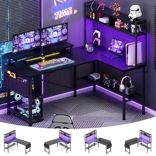 Aheaplus L Shaped Gaming Desk with Power Outlets & LED Lights, Small L- Shaped Desk Computer Corner Desk with Monitor Stand & Storage Shelf, Home Office Desk Writing Desk with Storage Bag, Black - Image 1