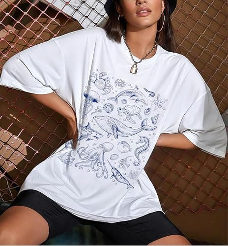 Oversized Graphic Tshirt for Teens Women Cute Floral Ocean Print Baggy Tops Summer Beach Vintage Aesthetic Coastal Tee thumbnail 4