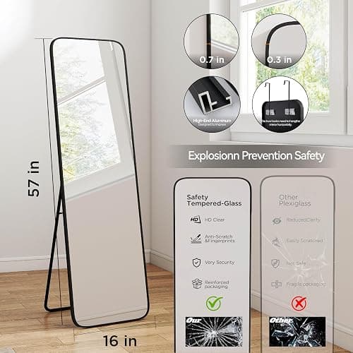 SCWF-GZ 57x16 Door Hanging Full Length Mirror, Floor Stand (Height 5.7ft just Body in1.3ft) Wall Mounted Metal Frame Rectangle Dressing Mirrors for Bedroom Bathroom Room 57 inch Black thumbnail 4