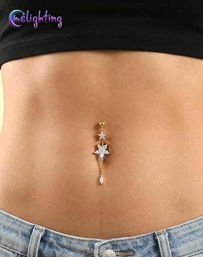 Melighting 14G Lotus Belly Button Ring Dangle Navel Ring Surgical Steel | 316L Reverse Belly Piercing Jewelry AAA Cubic Zircon, 10 mm Silver Gold Double Flower Barbell Bar Body Jewellery for Women thumbnail 7