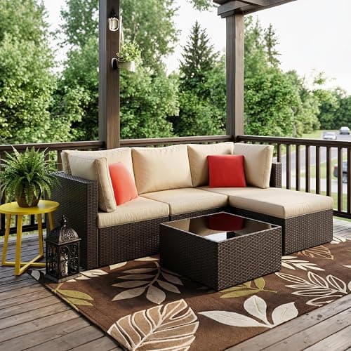 Vongrasig 5 Piece Patio Furniture Sets, Outdoor Patio Set Sectional Sofa, All-Weather PE Rattan Outdoor Couch with Ottoman, Glass Table for Garden, Backyard, Porch, Beige thumbnail 7