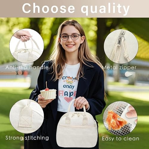 Carry bloom Lunch Box for Women, Insulated Lunch Bag Cute Corduroy Lunchbag | Reusable Lunchbox for Work (1 brown white stripes) thumbnail 6